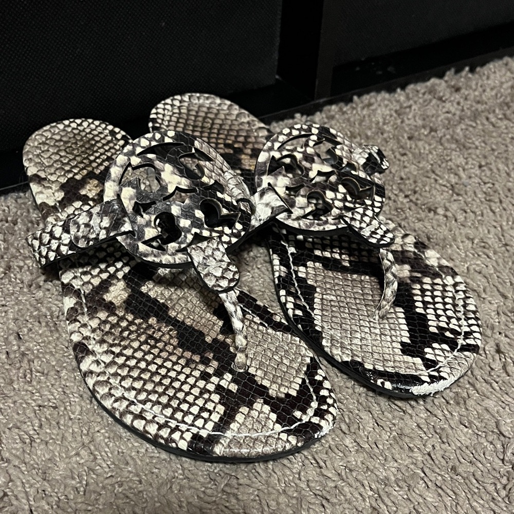 Tory Burch Black and Cream Snakeskin Sandals